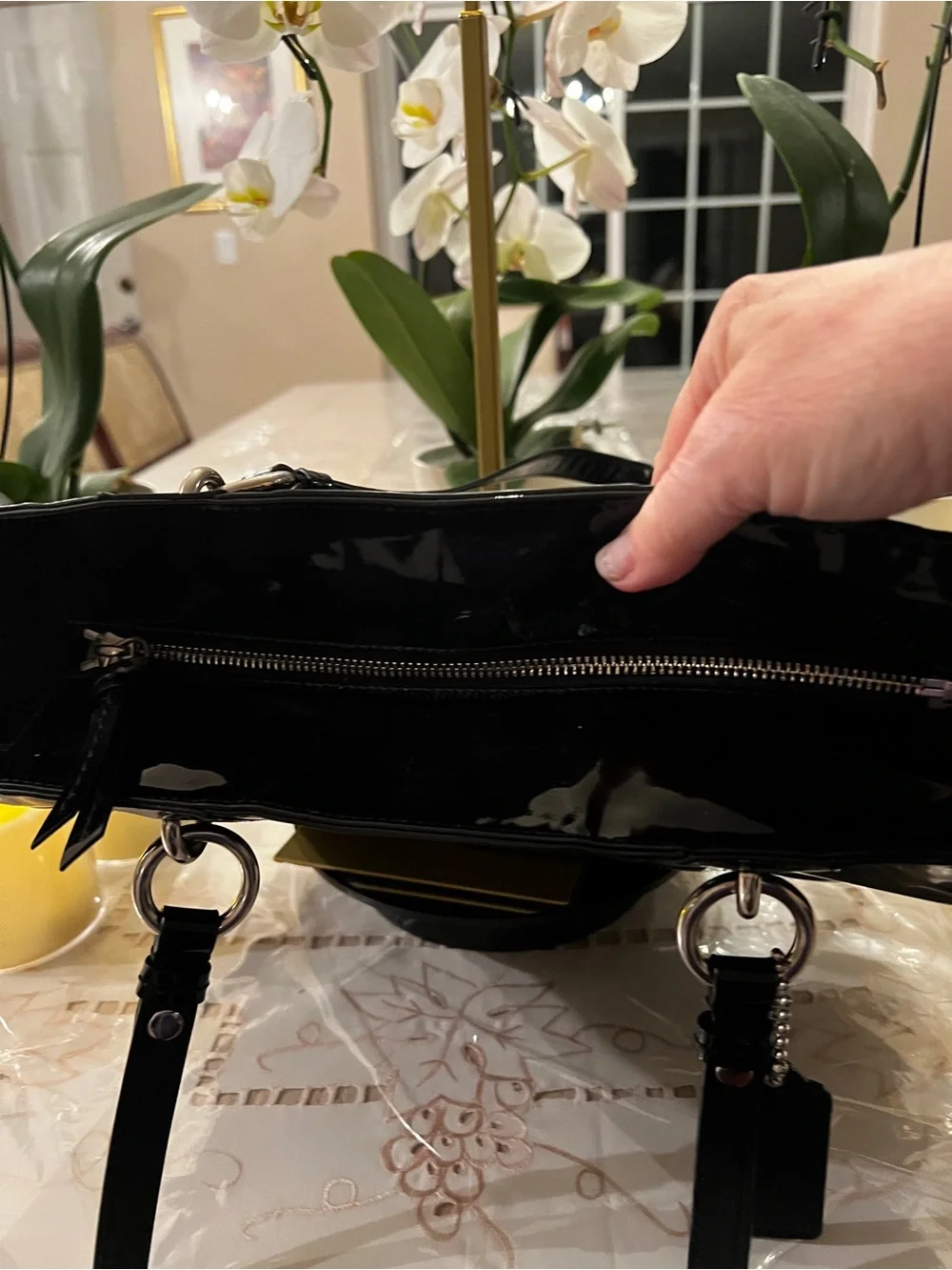 Coach Black Patent Embossed Signature Tote | Glossy Shoulder Bag Silver Hardware